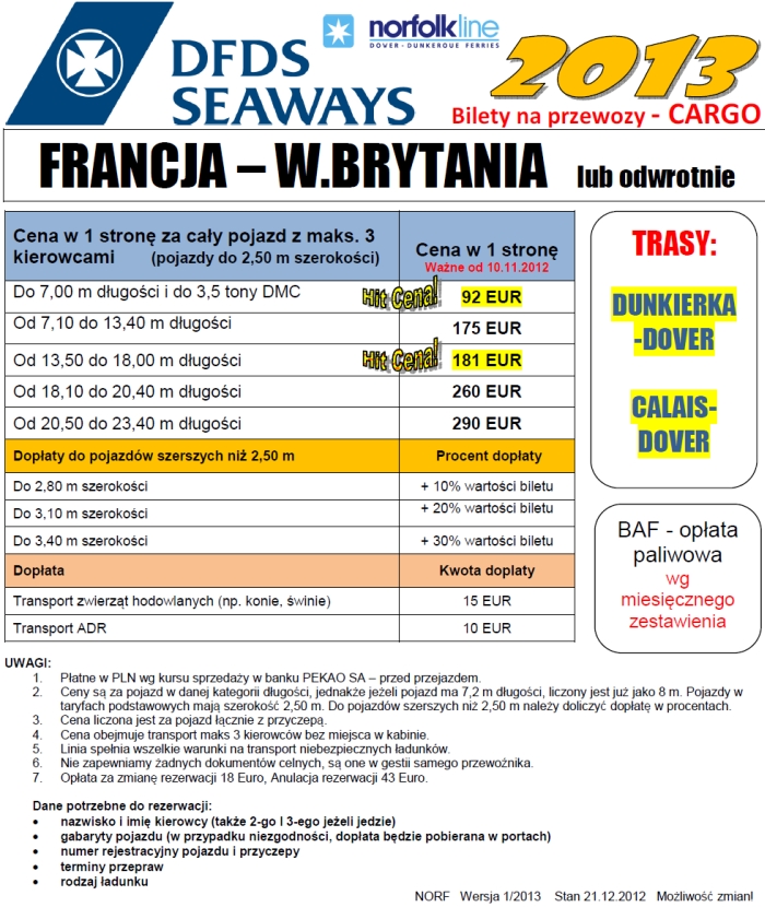 Bilety Promowe - CARGO - Francja - Anglia - Dunkierka, Calais, Dover - 2013 - DFDS Seaways NorfolkLine