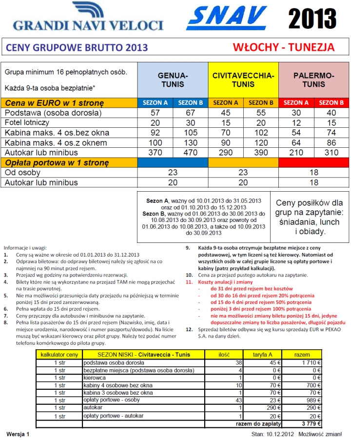 Bilety Promowe - GRUPY - Włochy - Tunezja - Genua, Civitavecchia, Palermo, Tunis - 2013 - Grandi Navi Veloci