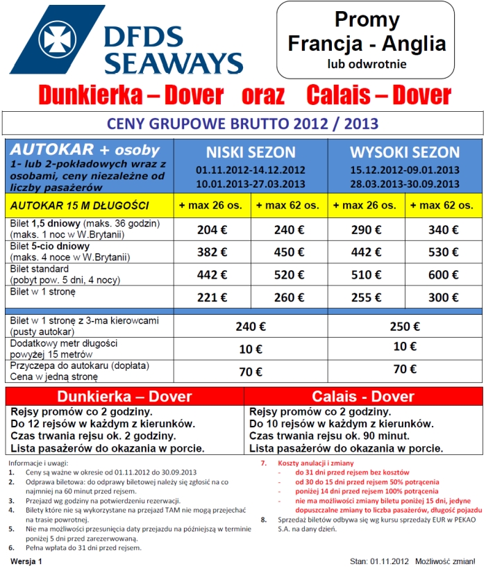 Bilety Promowe - GRUPY - Francja - Amglia - Dunkierka, Calairs, Dover - 2013 - DFDS Seaway